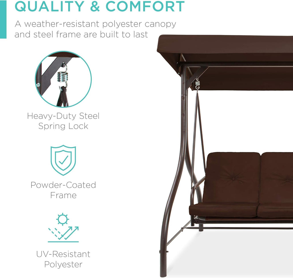 Best Choice Products Toldo Grande de 3 Asientos para Exteriores, Hamaca de Patio para Porche, Patio Trasero con Cama Plana, visualización Ajustable, Cojines extraíbles, Color café