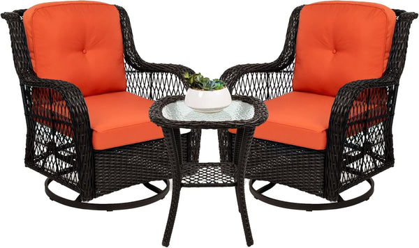 Best Choice Products - Juego de 3 piezas de mimbre para exteriores con 2 mecedoras giratorias de 360 grados y mesa auxiliar superior de cristal templado, color óxido