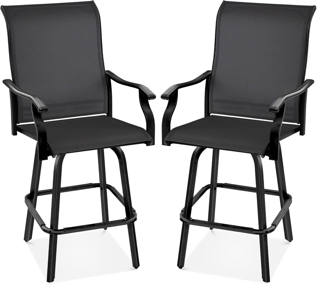 Best Choice Products - Juego de 2 taburetes giratorios, sillas para exteriores con altura de bar, 360 taburetes de bar giratorios para patio con malla para todo clima, capacidad de 300 libras, color negro