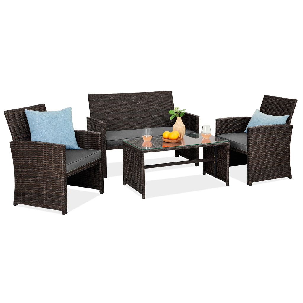 Best Choice Products - Juego de muebles de mimbre para patio de patio de 4 piezas para patio trasero con mesa de centro, cojines de asiento, color topo/arena blanca