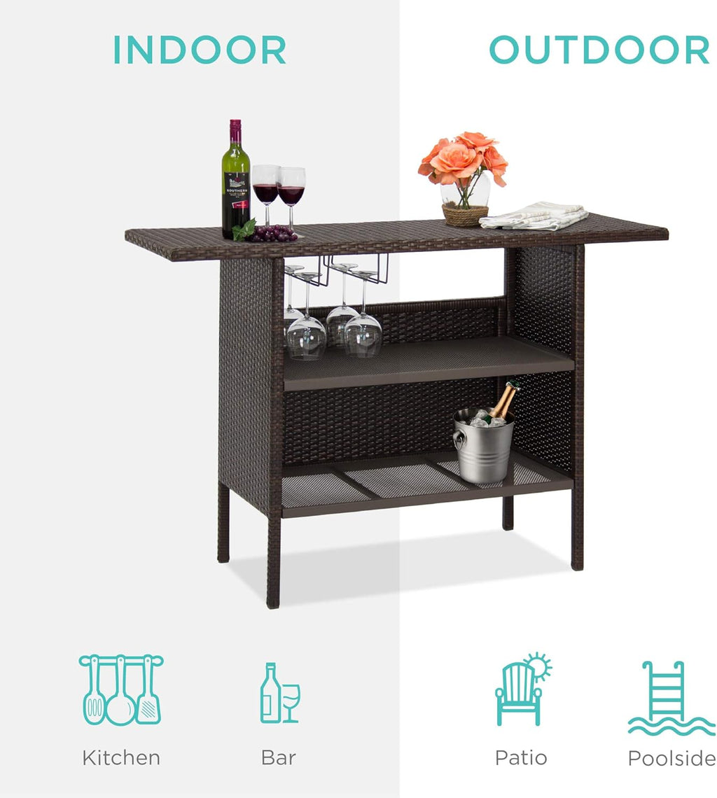 Best Choice Products - Mesa de mimbre para patio al aire libre con 2 estantes de acero y 2 juegos de rieles, color marrón