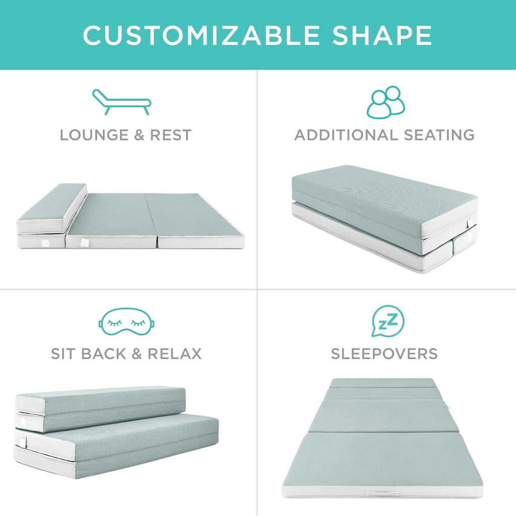 Best Choice Products Colchón portátil de tamaño doble de 4 pulgadas, colchón triple plegable para camping, invitados, niños pequeños, felpa de espuma con funda de transporte, color crema marina