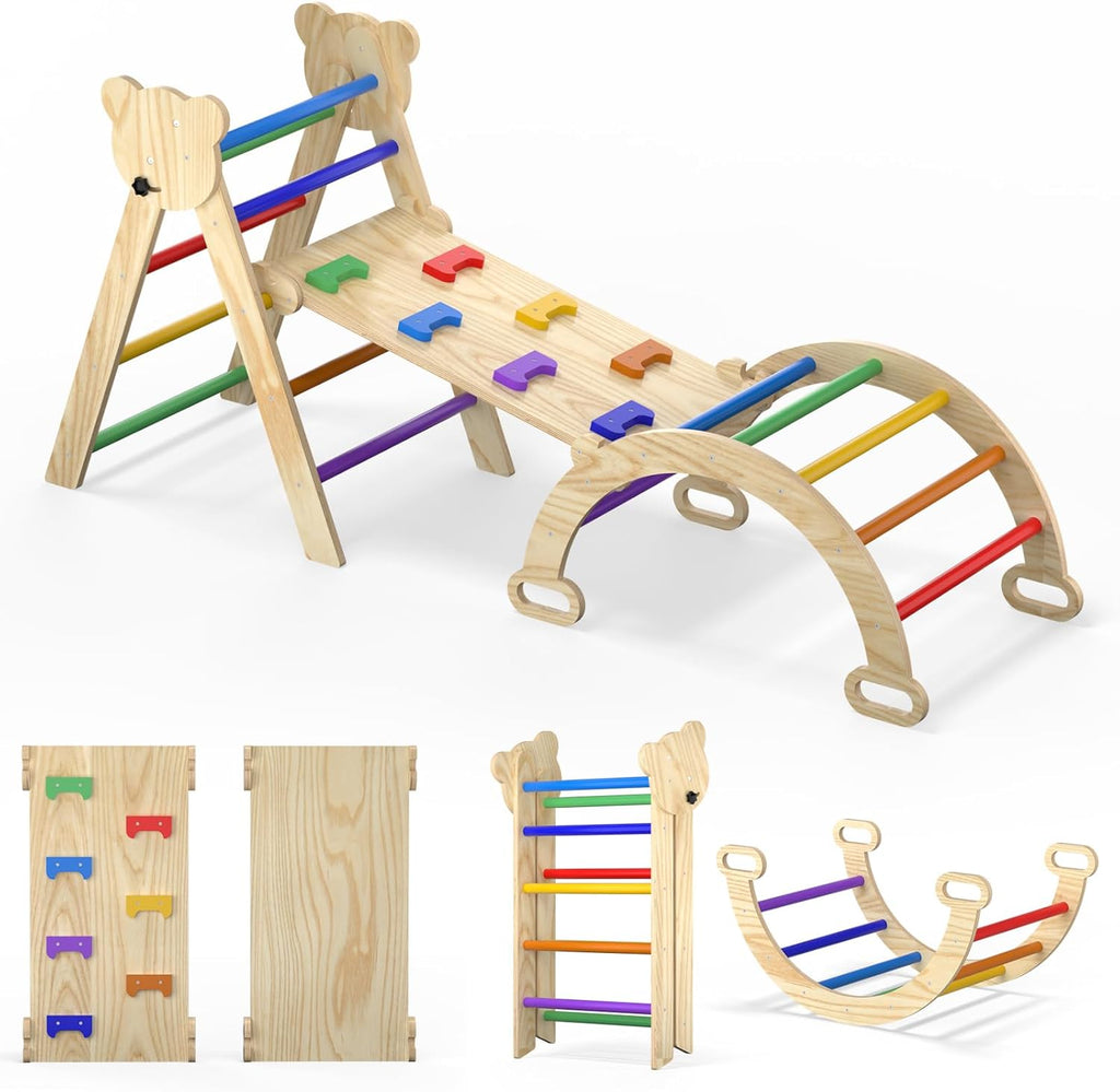 Juego de escalada Pikler 7 en 1, recolector de madera plegable, 3 piezas, para bebé y niños pequeños, con arco, rampa