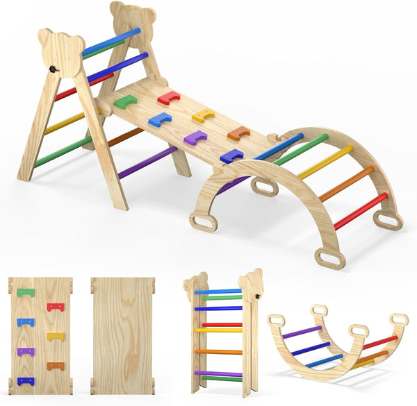 Juego de escalada Pikler 7 en 1, recolector de madera plegable, 3 piezas, para bebé y niños pequeños, con arco, rampa