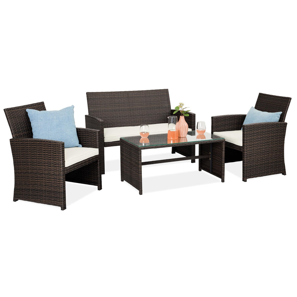 Best Choice Products - Juego de muebles de mimbre para patio de patio de 4 piezas para patio trasero con mesa de centro, cojines de asiento, color topo/arena blanca