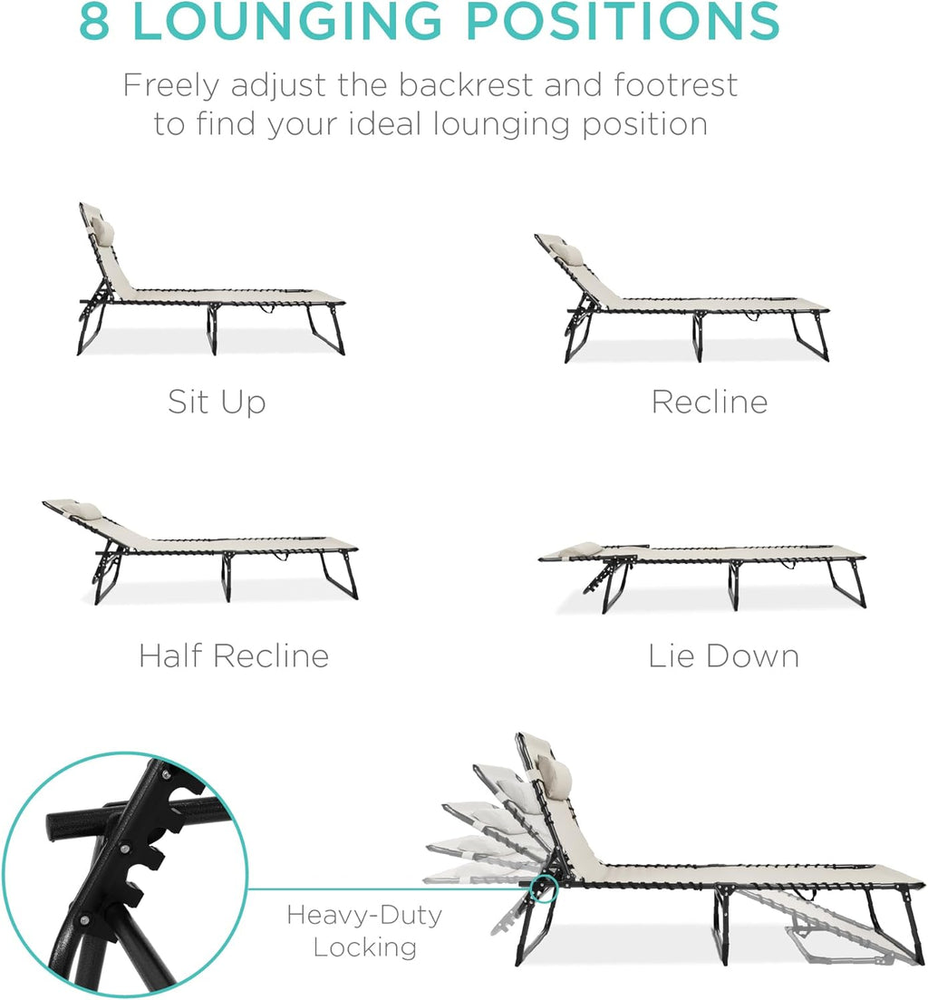 Best Choice Products - Sillón reclinable plegable portátil en la piscina para césped, patio trasero, playa con 8 posiciones ajustables, asas de transporte, capacidad de peso de 300 libras, color marfil