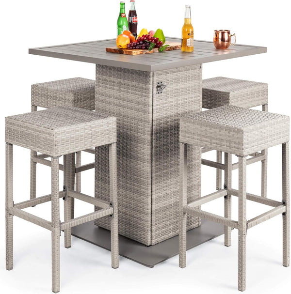 Best Choice Products - Juego de mesa de mimbre de 5 piezas para patio, piscina, patio trasero con abrebotellas integrado, estante de almacenamiento oculto, mesa de metal, 4 taburetes, color gris