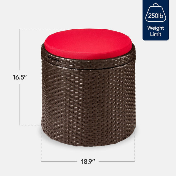 Best Choice Products - Otomana redonda de mimbre, muebles multiusos para exteriores, para patio, asiento adicional, reposapiés, mesa auxiliar con almacenamiento, cojines extraíbles, café/rojo