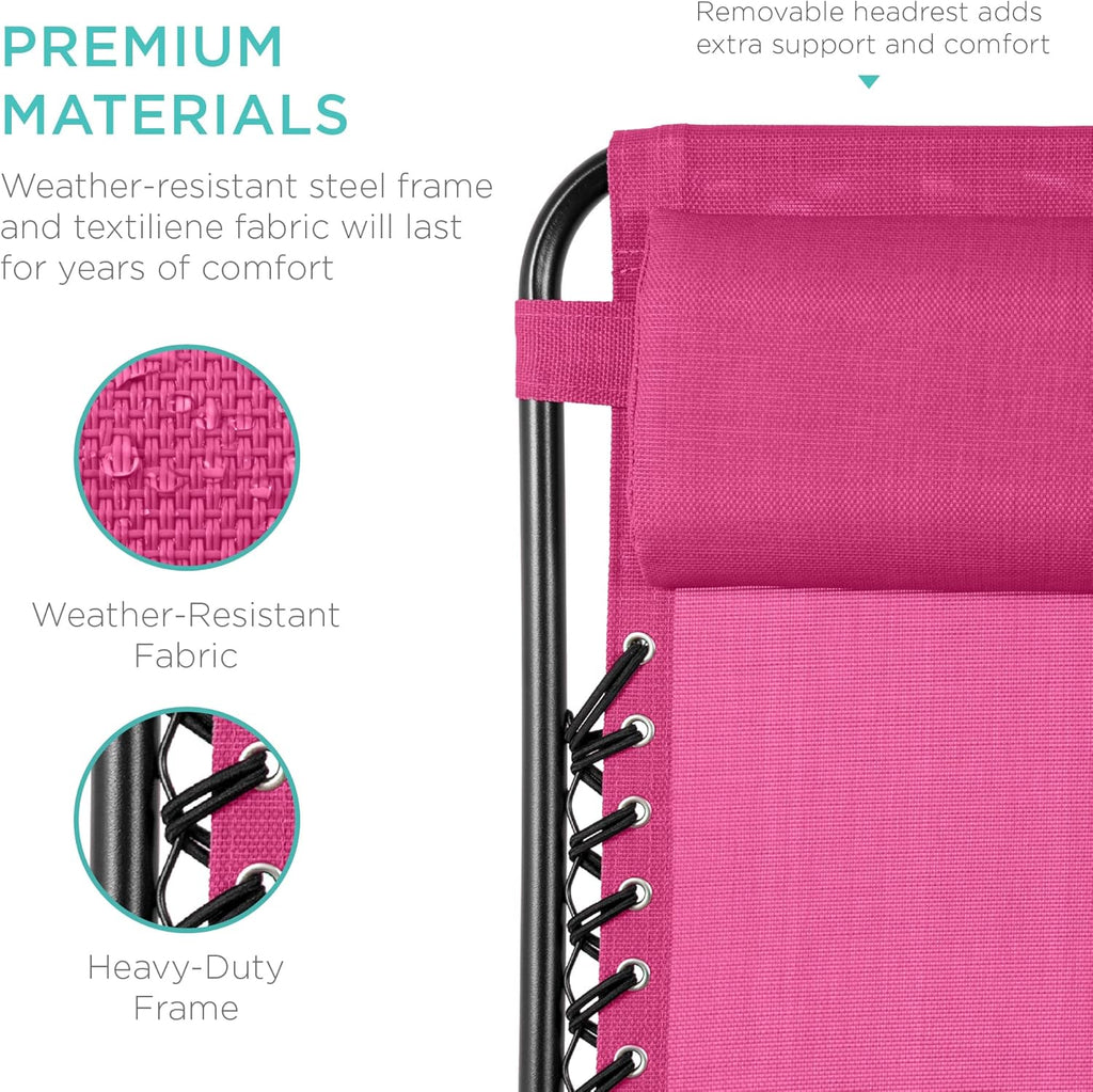 Best Choice Products - Juego de 2 sillas reclinables ajustables de malla de acero con gravedad cero con almohadas y bandejas para portavasos - rosa intenso/negro