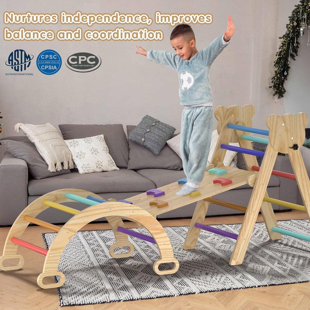 Juego de escalada Pikler 7 en 1, recolector de madera plegable, 3 piezas, para bebé y niños pequeños, con arco, rampa
