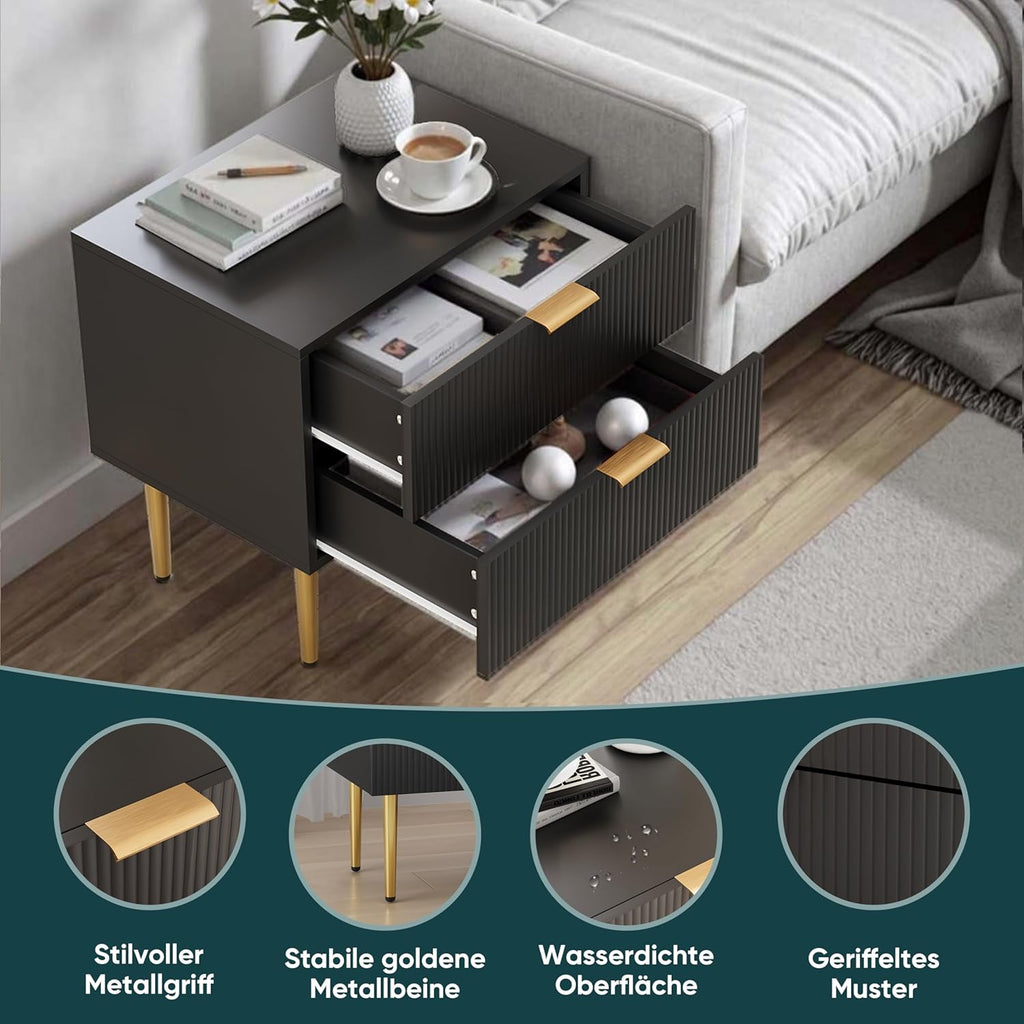 Semiocthome - Mesita de noche negra de mediados de siglo moderno con 2 cajones de panel ondulado, mesita de noche con patas de metal doradas, juego de recámara, mesa auxiliar de mesa ancha, mesas