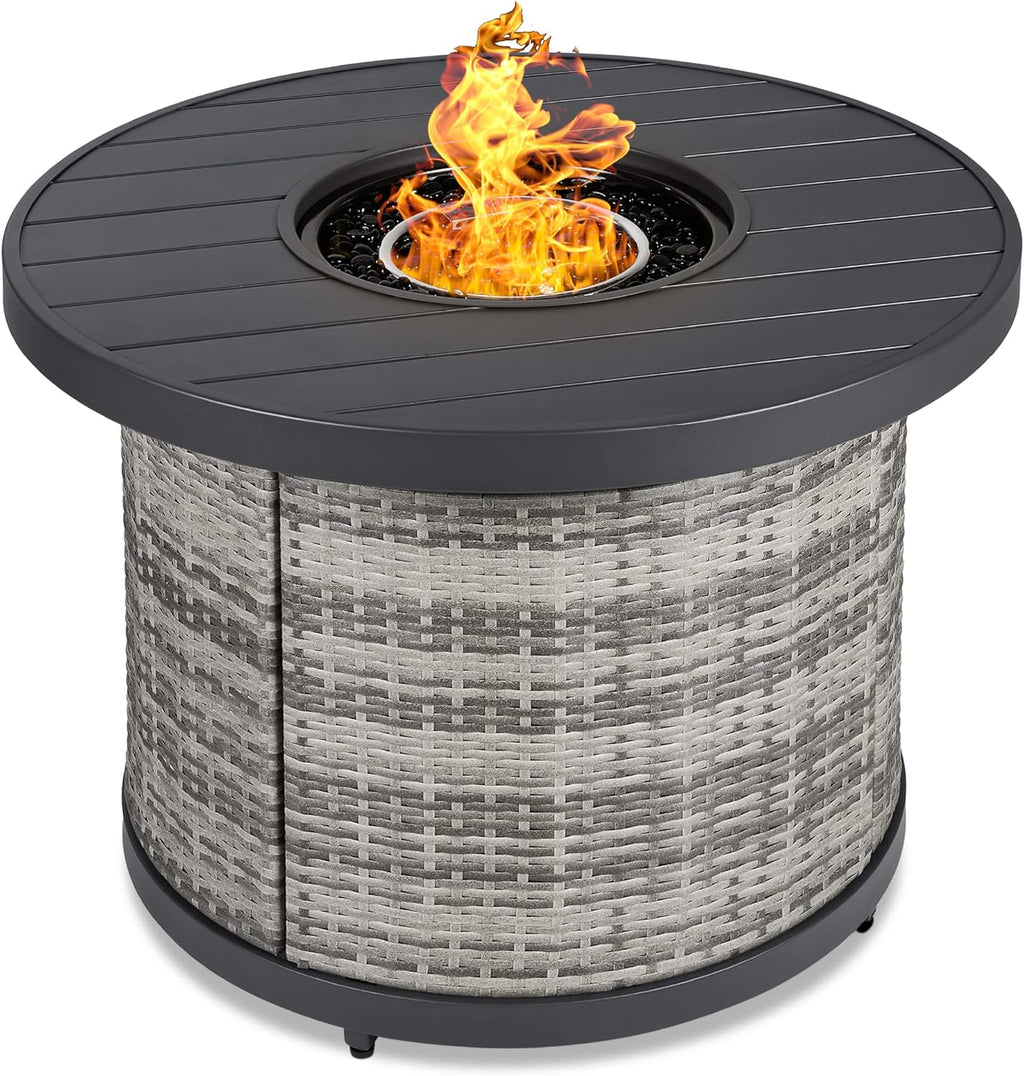 Best Choice Products Mesa redonda de gas de 32 pulgadas, 50.000 BTU para exteriores, de mimbre para patio, con mesa de madera sintética, abalorio de vidrio, cubierta, soporte para tanque oculto, tapa, color gris