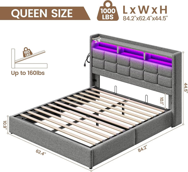 Marco de Cama de tamaño Queen con Almacenamiento, Marco de Cama tapizado tamaño Queen con Luces LED, cabecera y estación de Carga, no Necesita somier, fácil Montaje, Gris Claro