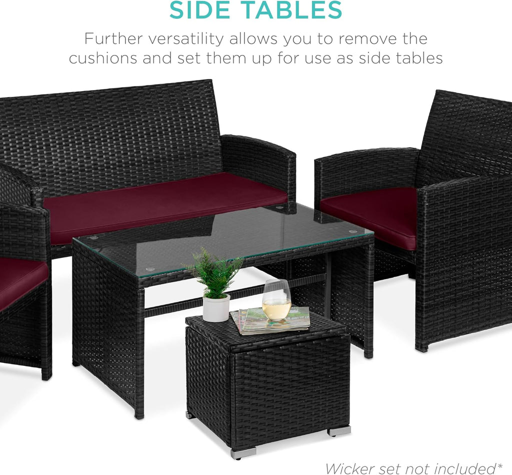 Best Choice Products - Juego de 2 otomanas de mimbre, muebles multiusos para exteriores, para patio, asiento adicional, reposapiés, mesa auxiliar con almacenamiento, cojines extraíbles, color borgoña