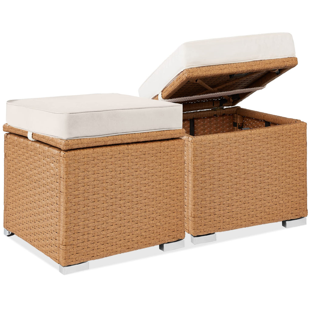 Best Choice Products - Juego de 2 otomanas de mimbre, muebles multiusos para exteriores, para patio, asiento adicional, reposapiés, mesa auxiliar con almacenamiento, cojines extraíbles, gris cemento