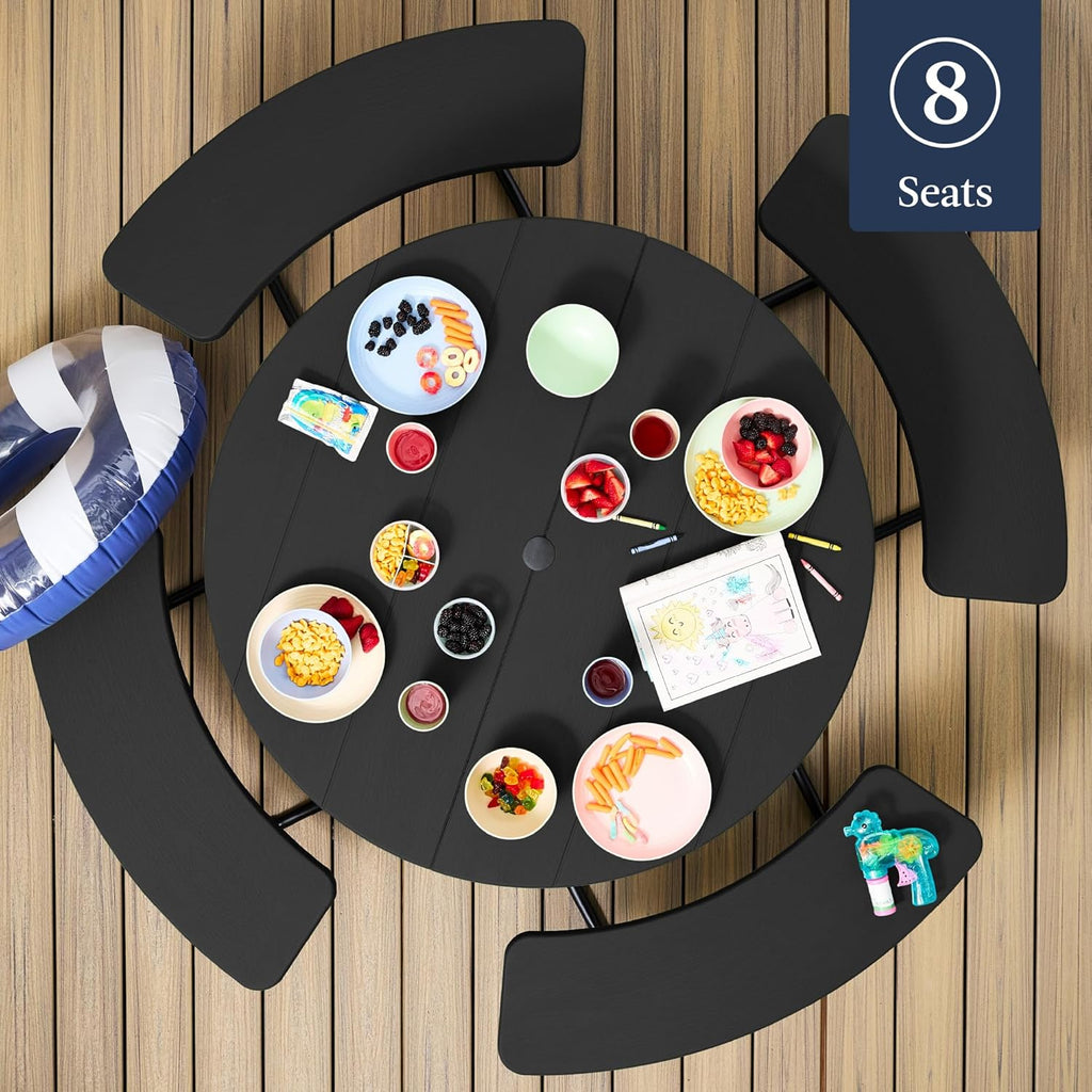 Best Choice Products - Mesa de picnic para 8 personas, circular con 4 bancos integrados y agujero para paraguas, capacidad de 2000 libras, color negro