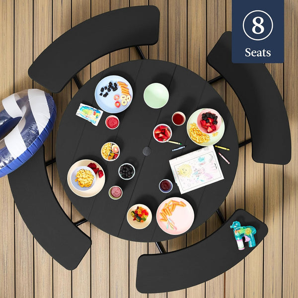 Best Choice Products - Mesa de picnic para 8 personas, circular con 4 bancos integrados y agujero para paraguas, capacidad de 2000 libras, color negro