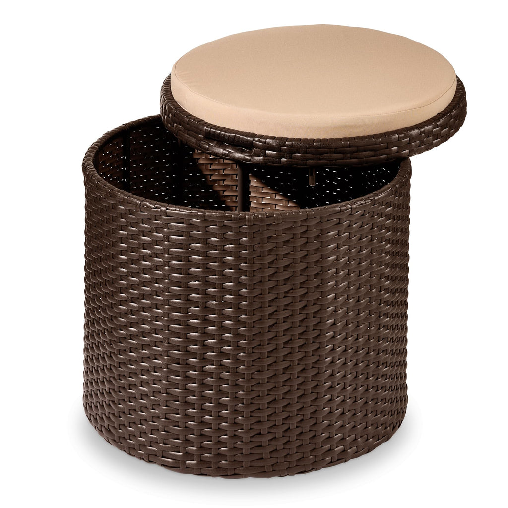 Best Choice Products otomana redonda de mimbre, muebles multiusos para exteriores, para patio, asiento adicional, reposapiés, mesa auxiliar con almacenamiento, cojines extraíbles, gris/crema