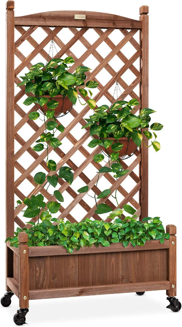Best Choice Products - Maceta de madera de 122 cm y enrejado de diamante, cama de jardín elevada móvil para plantas trepadoras con agujeros de drenaje, ruedas opcionales - nogal