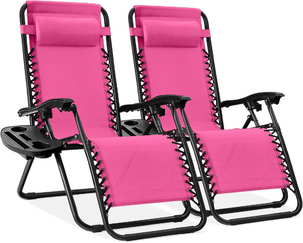 Best Choice Products - Juego de 2 sillas reclinables ajustables de malla de acero con gravedad cero con almohadas y bandejas para portavasos - rosa intenso/negro