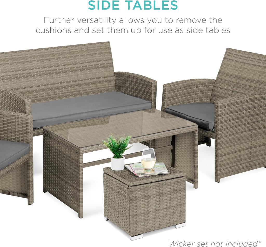 Best Choice Products - Juego de 2 otomanas de mimbre, muebles multiusos para exteriores, para patio, asiento adicional, reposapiés, mesa auxiliar con almacenamiento, cojines extraíbles, gris cemento