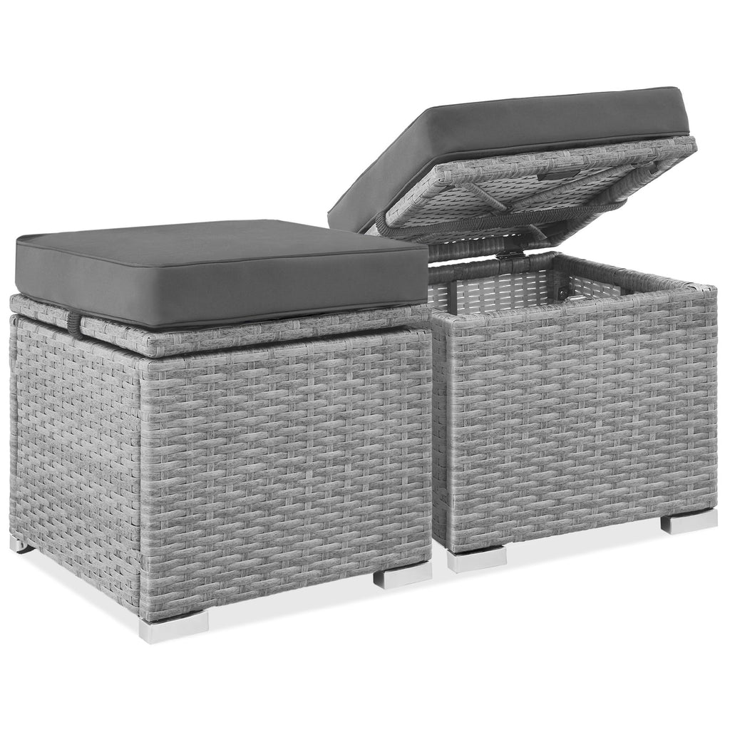 Best Choice Products - Juego de 2 otomanas de mimbre, muebles multiusos para exteriores, para patio, asiento adicional, reposapiés, mesa auxiliar con almacenamiento, cojines extraíbles, arena blanca