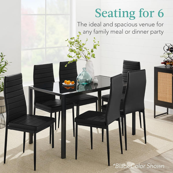 Best Choice Products - Juego de comedor de vidrio de 7 piezas, muebles modernos de mesa de cocina para comedor, comedor, comedor, compacto ahorro de espacio con mesa de vidrio, 6 sillas tapizadas de