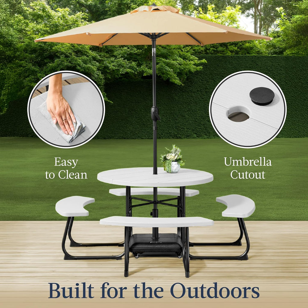 Best Choice Products - Mesa de picnic para 8 personas, circular con 4 bancos integrados y agujero para paraguas, capacidad de 2000 libras, color blanco