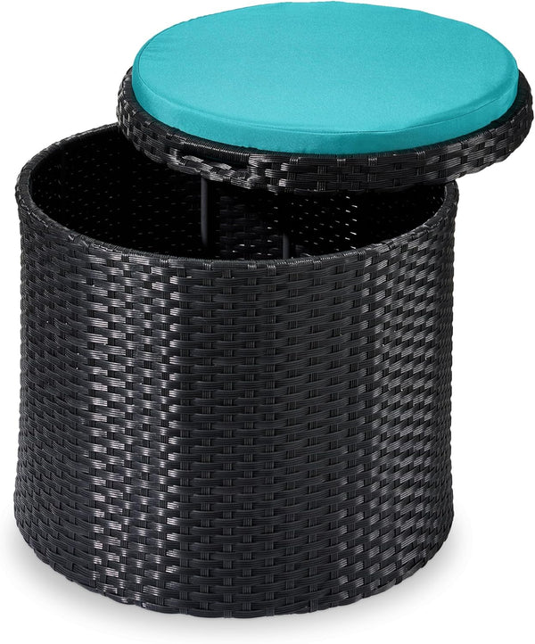 Best Choice Products - Otomana redonda de mimbre, muebles multiusos para exteriores, para patio, asiento adicional, reposapiés, mesa auxiliar con almacenamiento, cojines extraíbles, color negro/verde