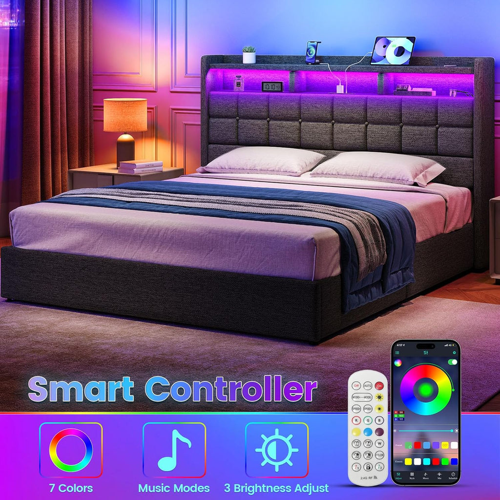 Marco de Cama de tamaño King con Almacenamiento, Marco tapizado para Cama King con estación de Carga y cabecera de Luces LED, no Necesita somier, fácil Montaje, Gris Oscuro