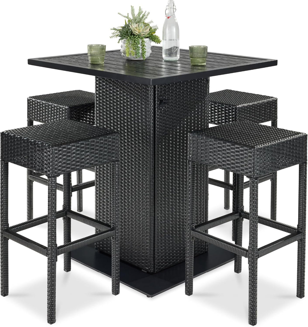 Best Choice Products - Juego de mesa de mimbre de 5 piezas para patio, piscina, patio trasero con abrebotellas integrado, estante de almacenamiento oculto, mesa de metal, 4 taburetes, color negro