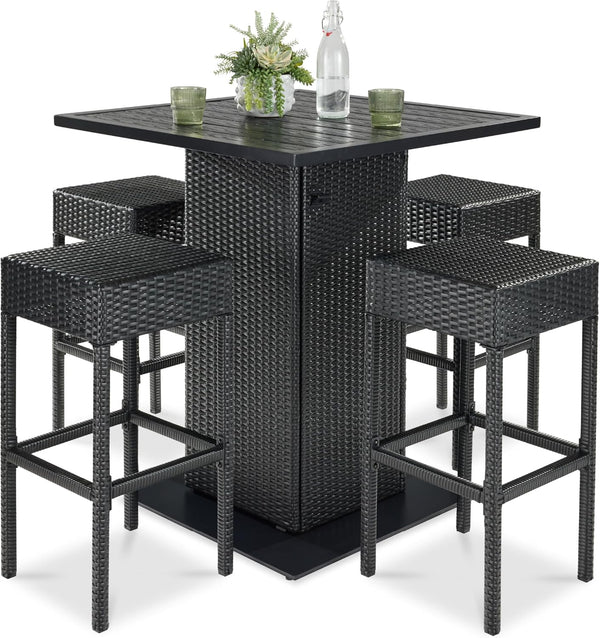 Best Choice Products - Juego de mesa de mimbre de 5 piezas para patio, piscina, patio trasero con abrebotellas integrado, estante de almacenamiento oculto, mesa de metal, 4 taburetes, color negro