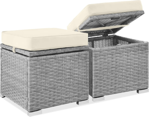 Best Choice Products - Juego de 2 otomanas de mimbre, muebles multiusos para exteriores, para patio, asiento adicional, reposapiés, mesa auxiliar con almacenamiento, cojines extraíbles, color crema