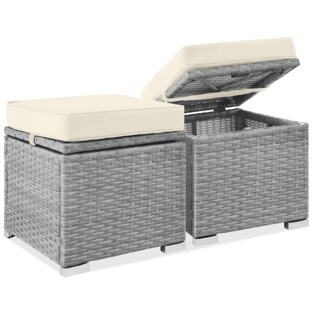 Best Choice Products - Juego de 2 otomanas de mimbre, muebles multiusos para exteriores, para patio, asiento adicional, reposapiés, mesa auxiliar con almacenamiento, cojines extraíbles, negro/negro