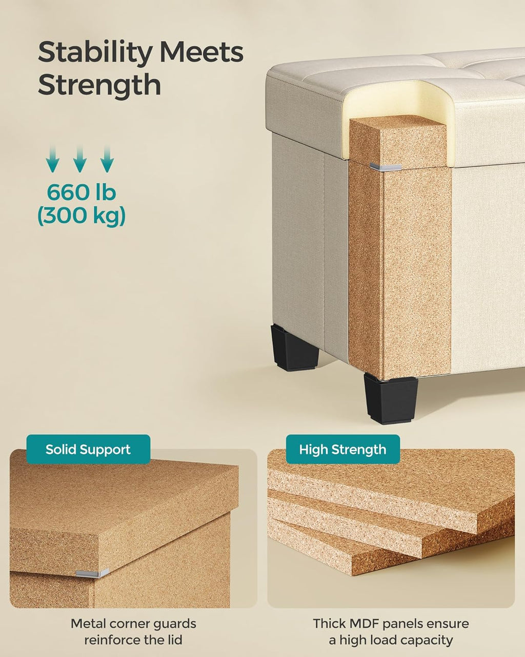 SONGMICS - Banco otomano de almacenamiento, reposapiés plegable con patas, 38.1 x 109.2 x 39.9 cm, baúl, carga hasta 299 kg, para sala de estar, recámara, entrada, blanco crema, ULSF018W01