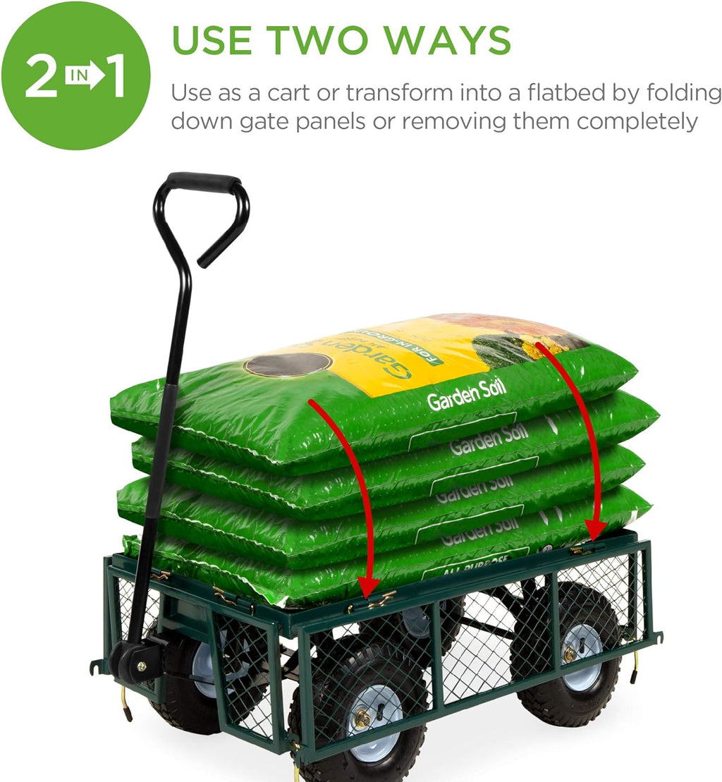 Best Choice Products - Carro de jardín utilitario para césped, Patio con Capacidad de Peso de Acero Resistente de 400 Libras, Lados extraíbles, Mango Largo, neumáticos de 10 Pulgadas, Color Verde