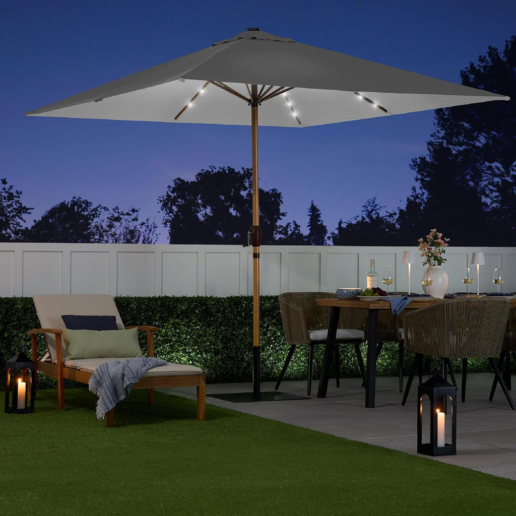 Best Choice Products - Paraguas de patio cuadrado de 9 pies de profundidad, con luz LED con textura de madera sintética, tela resistente a los rayos UV, manivela