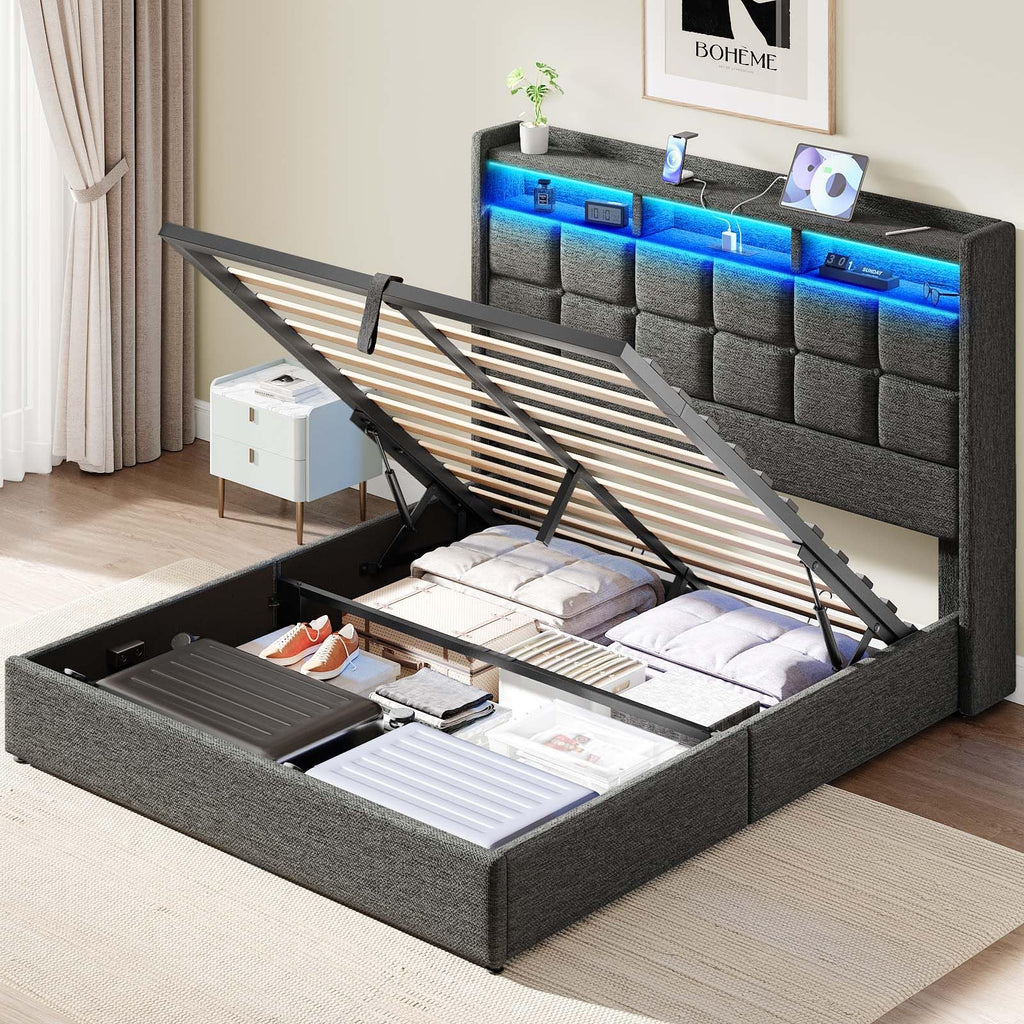 Marco de Cama de tamaño Queen con Almacenamiento, Marco de Cama tapizado tamaño Queen con Luces LED, cabecera y estación de Carga, no Necesita somier, fácil Montaje, Gris Claro