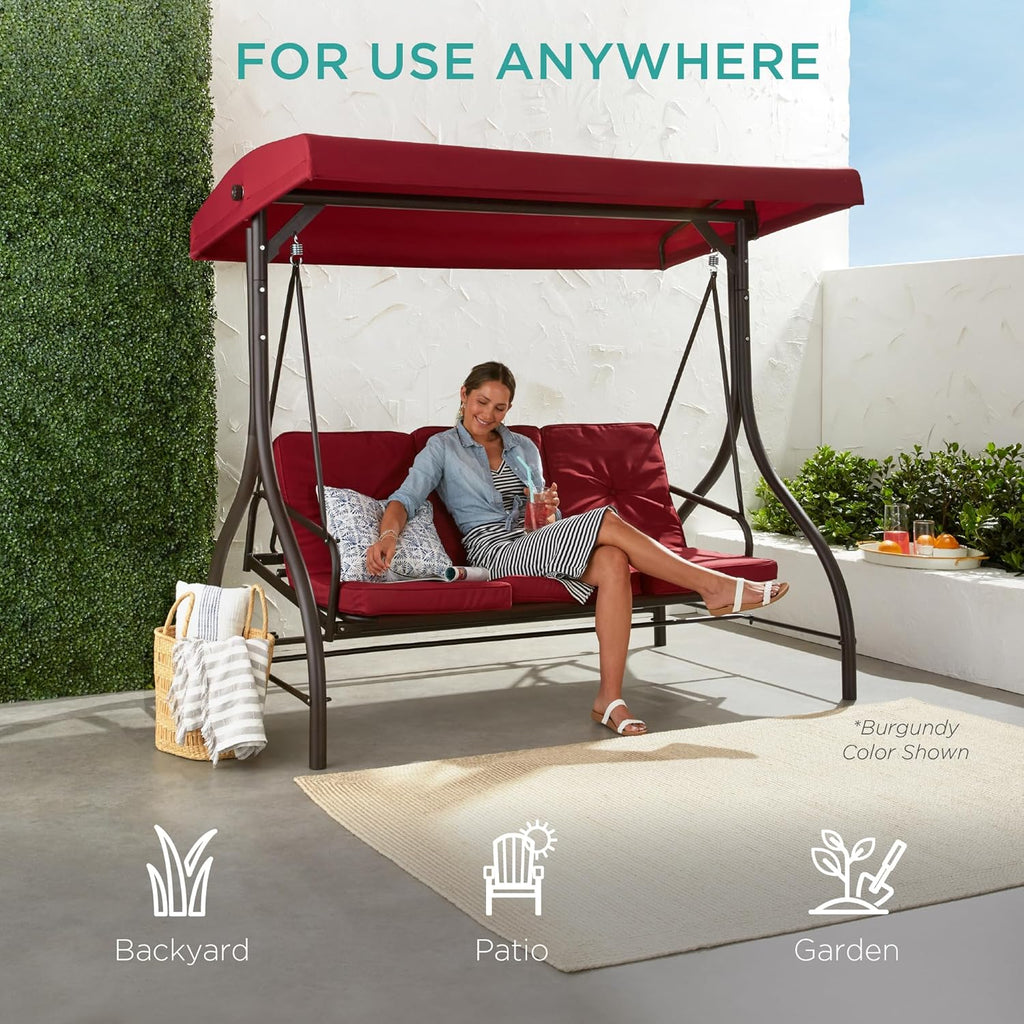 Best Choice Products - Toldo de 3 asientos para exteriores, gran convertible, hamaca de patio, sillón para porche, patio trasero con cama plana, sombra ajustable, cojines extraíbles, color gris pardo