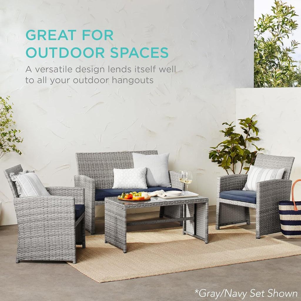 Best Choice Products - Juego de muebles de mimbre para patio de patio de 4 piezas para patio trasero con mesa de centro, cojines de asiento, color topo/arena blanca