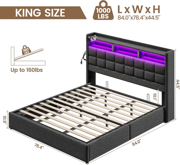 Marco de Cama de tamaño King con Almacenamiento, Marco tapizado para Cama King con estación de Carga y cabecera de Luces LED, no Necesita somier, fácil Montaje, Gris Oscuro