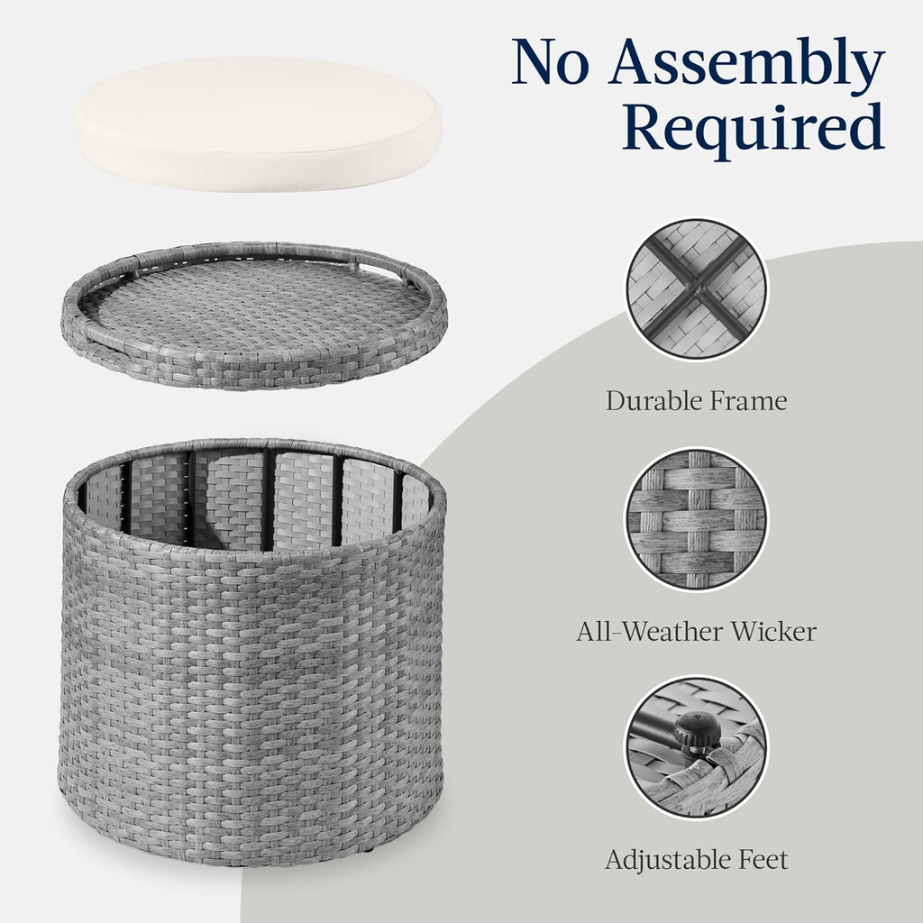 Best Choice Products otomana redonda de mimbre, muebles multiusos para exteriores, para patio, asiento adicional, reposapiés, mesa auxiliar con almacenamiento, cojines extraíbles, gris/crema