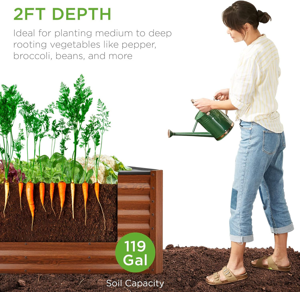Best Choice Products Cama de jardín elevada de metal para exteriores de 4 x 2 pies, caja de maceta de raíz profunda para verduras, flores, hierbas y suculentas con capacidad de 119 galones, grano de madera