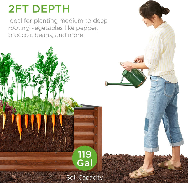 Best Choice Products Cama de jardín elevada de metal para exteriores de 4 x 2 pies, caja de maceta de raíz profunda para verduras, flores, hierbas y suculentas con capacidad de 119 galones, grano de madera