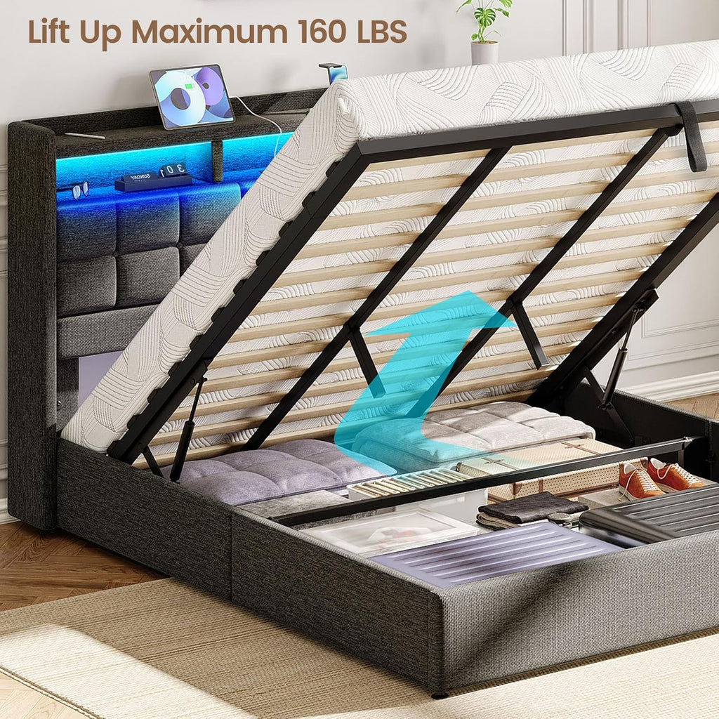 Marco de Cama de tamaño King con Almacenamiento, Marco tapizado para Cama King con estación de Carga y cabecera de Luces LED, no Necesita somier, fácil Montaje, Gris Oscuro