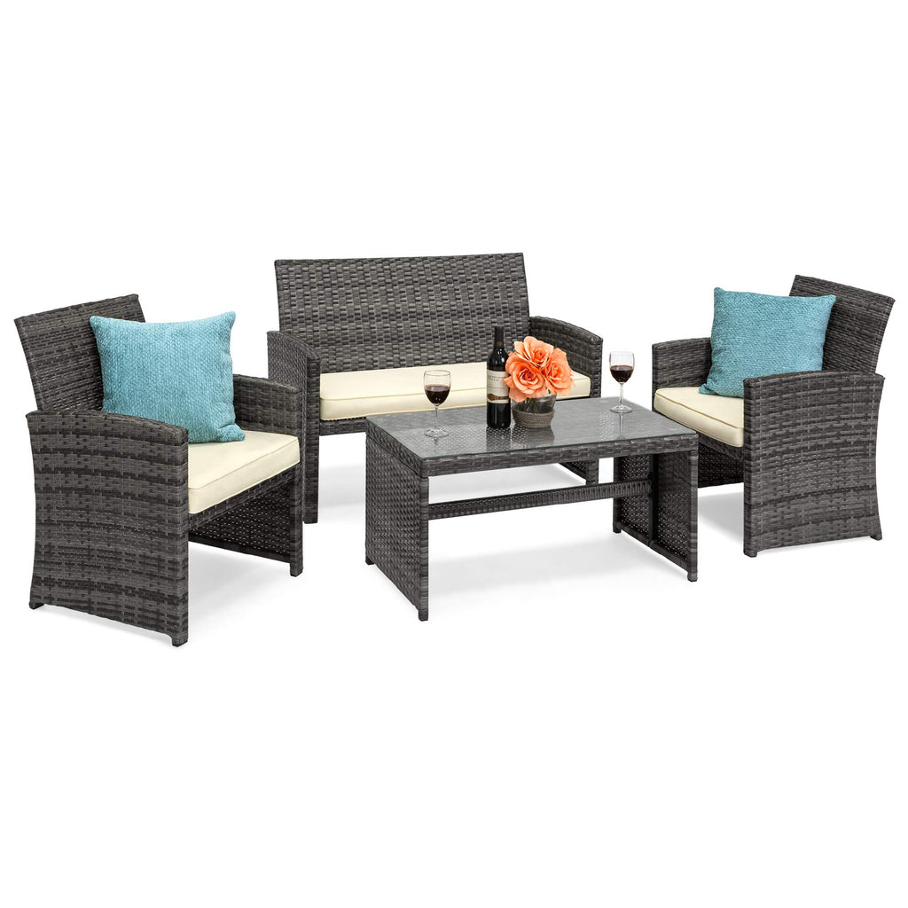 Best Choice Products - Juego de muebles de mimbre para patio de patio de 4 piezas para patio trasero con mesa de centro, cojines de asiento, color topo/arena blanca