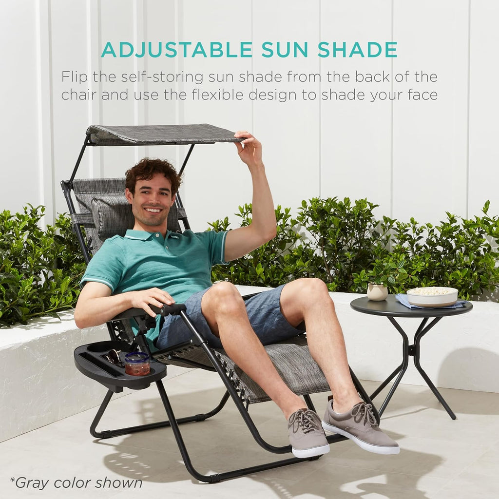 Best Choice Products - Silla reclinable plegable de gravedad cero para exteriores, con toldo ajustable, reposacabezas, bandeja de accesorios lateral, malla de textileno, clavel