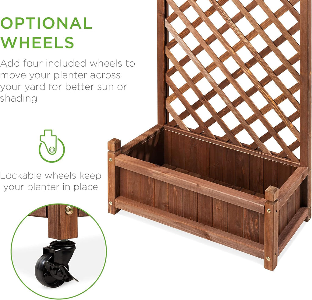 Best Choice Products - Maceta de madera de 122 cm y enrejado de diamante, cama de jardín elevada móvil para plantas trepadoras con agujeros de drenaje, ruedas opcionales - nogal