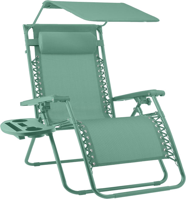 Best Choice Products - Silla reclinable plegable de gravedad cero para exteriores, con toldo ajustable, reposacabezas, bandeja de accesorios lateral, malla textilene – color crema marina