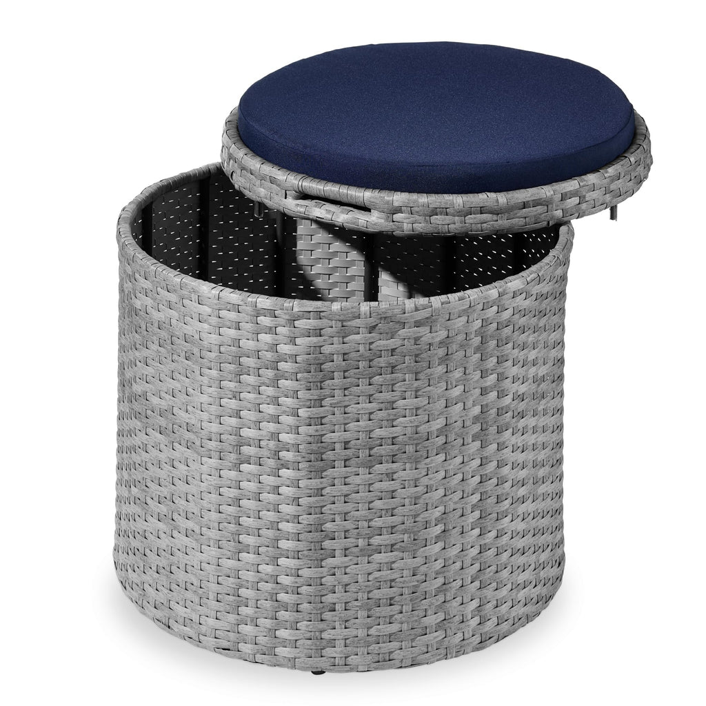 Best Choice Products otomana redonda de mimbre, muebles multiusos para exteriores, para patio, asiento adicional, reposapiés, mesa auxiliar con almacenamiento, cojines extraíbles, gris/crema